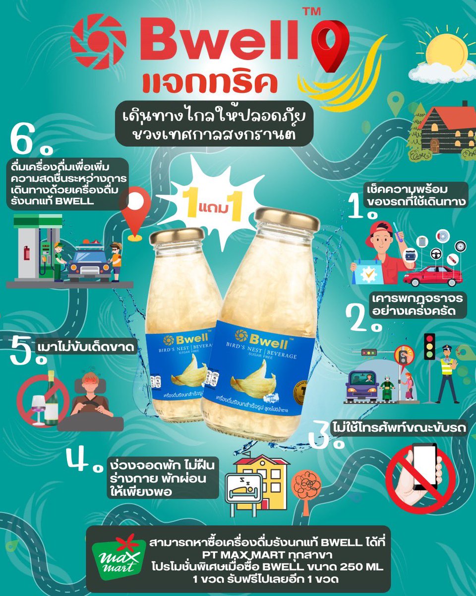 bwelldrinks's tweet photo. 🚘เทศสงกรานต์ปีนี้ เดินทางปลอดภัยกับ Bwell 🤩 ขอให้สนุกกับเทศกาลสงกรานต์ปีนี้นะคะ  มีความสุขในการเดินทางค่า 

🛒 สามารถซื้อเครื่องดื่มรังนกแท้ Bwell ได้ที่ PT Maxmart ทุกสาขา
#โปรโมชั่นพิเศษ เมื่อซื้อเครื่องดื่มรังนก Bwell ขนาด 250 ml 1 ขวด รับฟรี อีก 1 ขวด 🤩

#BwellDrinks https://t.co/NJGu14WGZ3