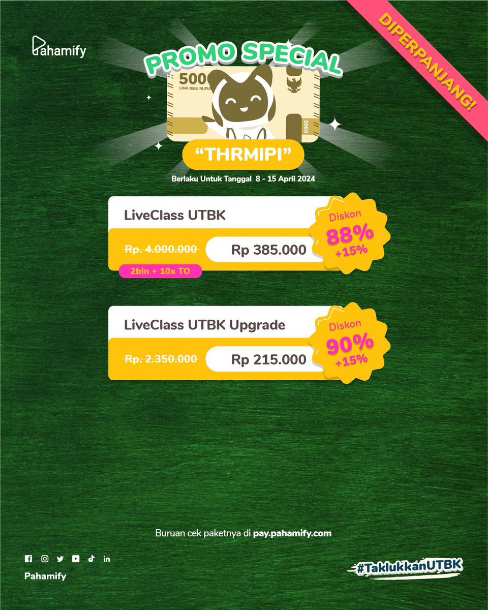 📢 THRMIPI! Promo 90% + 15% – DIPERPANJANG!📢 ❓Tutorial dapetin promo: 1️⃣ Buka website pay.pahamify.com 2️⃣ Pilih paket belajar yang kamu inginkan 3️⃣ Masukkan kode promo THRMIPI Paketnya apa aja tuhhh? Cek di bawah 👇