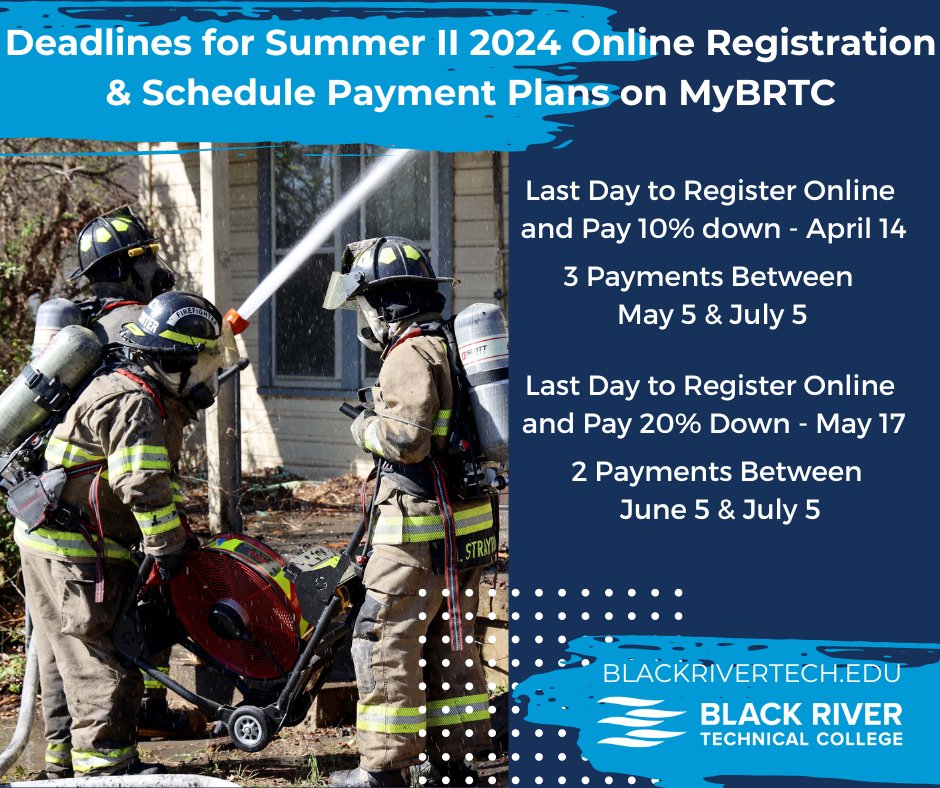Summer II classes begin July 1! Register for Summer II today and choose the perfect payment plan for you @  ow.ly/SCTg50PYm33

#BlackRiverTC #MakingWaves #learnlocal