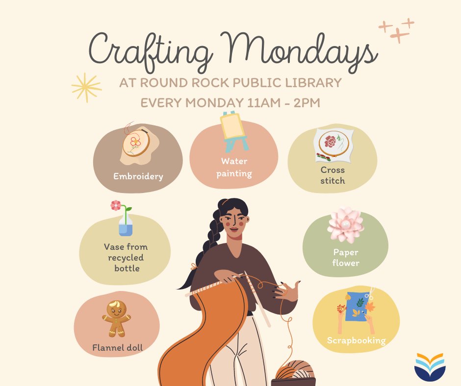 ✨ Have a crafting project you need to get done? Join us every Monday from 11am-2pm (1st floor, meeting room C) and work on your project! 

#MyRRPL #roundrocktx #roundrock