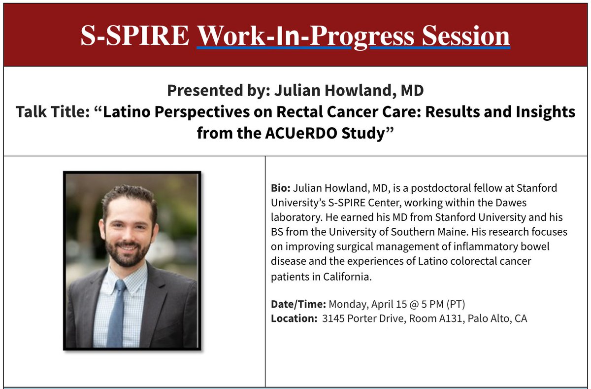 Stanford Surgery (@stanfordsurgery) on Twitter photo This week's WIP: "Latino Perspectives on Rectal Cancer Care" presented by Julian Howland, MD. Join us Monday (4/15) at 5PM on Porter Drive or DM <a href="/StanfordSPIRE/">S-SPIRE Center</a> for Zoom info! #diversity #colon cancer #healthequity This week's WIP: "Latino Perspectives on Rectal Cancer Care" presented by Julian Howland, MD. Join us Monday (4/15) at 5PM on Porter Drive or DM <a href="/StanfordSPIRE/">S-SPIRE Center</a> for Zoom info! #diversity #colon cancer #healthequity