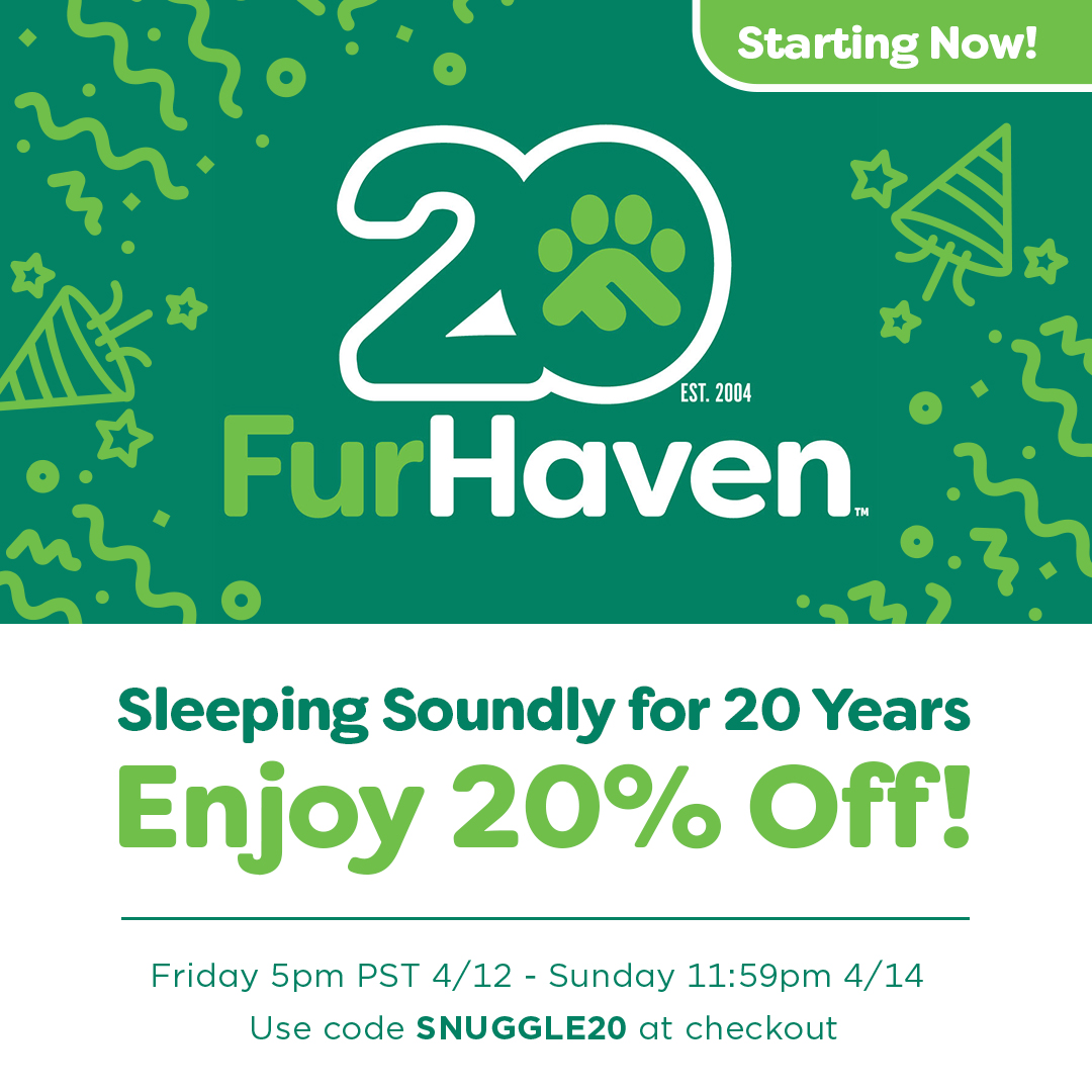 furhavenpet's tweet photo. Don't sleep through our 20th Anniversary sale! 20% off w/ code SNUGGLE20 now until Sunday 4/14 at 11:59 pm PST (click the bink in our lio 😉 to have it auto-apply at checkout!). This code will not stack w/ bundled discounts, loyalty rewards points, or previously discounted items. https://t.co/3kuqrZSyVL