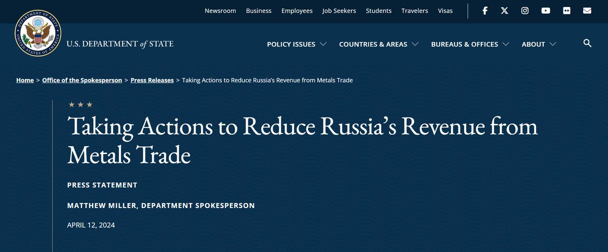 We continue to #StandWithUkraine and take steps to further constrict Russia’s revenue generation from its metals and mining sector, a key source of funds used to further its war against Ukraine. @StateDeptSpox: state.gov/taking-actions… @USTreasury: home.treasury.gov/news/press-rel…