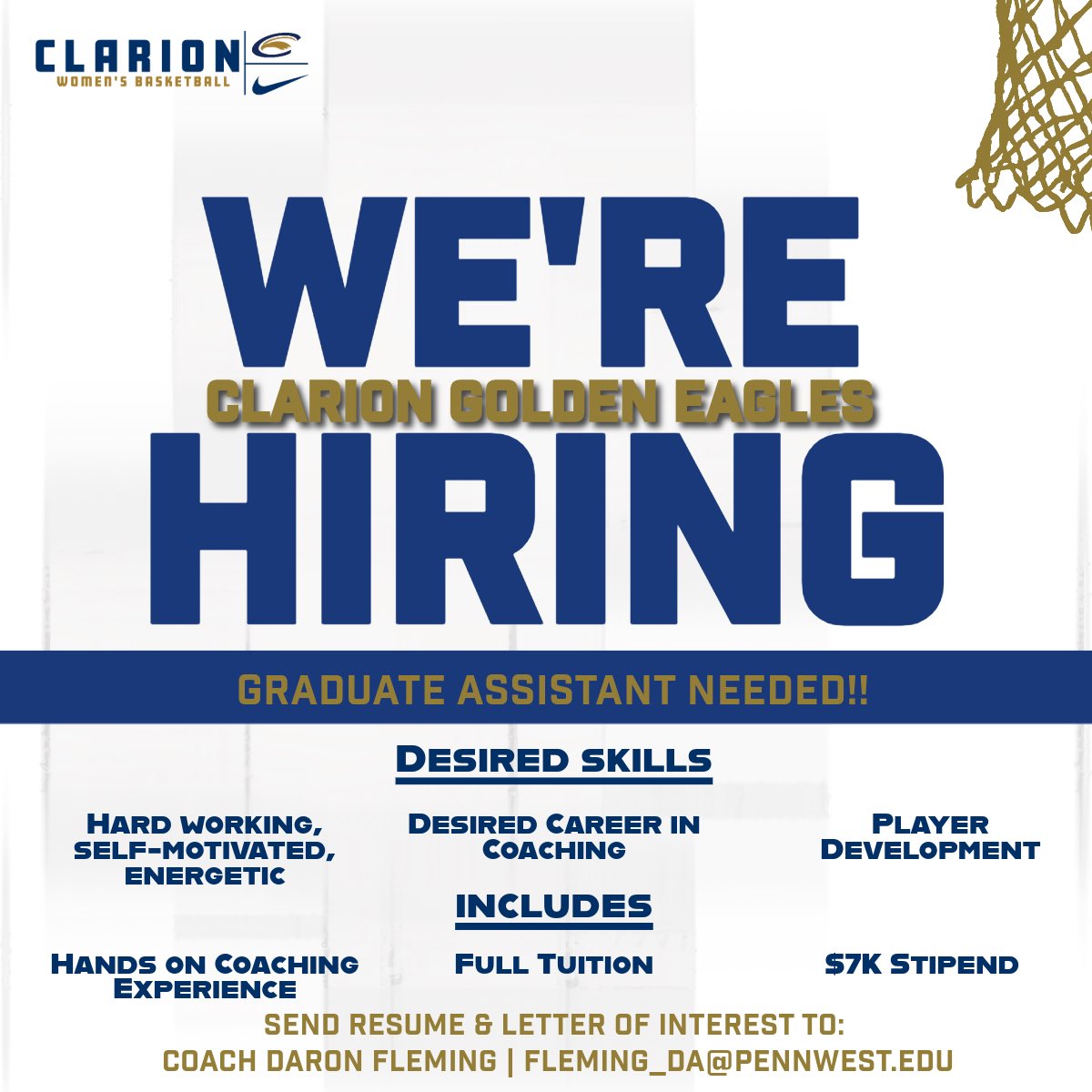 Clarion WBB is looking for a hard working, self-motivated, enthusiastic and energetic person to fill our ‼️Graduate Assistant Position‼️ If you or someone you know is interested please Send: Resume & Letter of Interest to: Coach Daron Fleming fleming_da@pennwest.edu