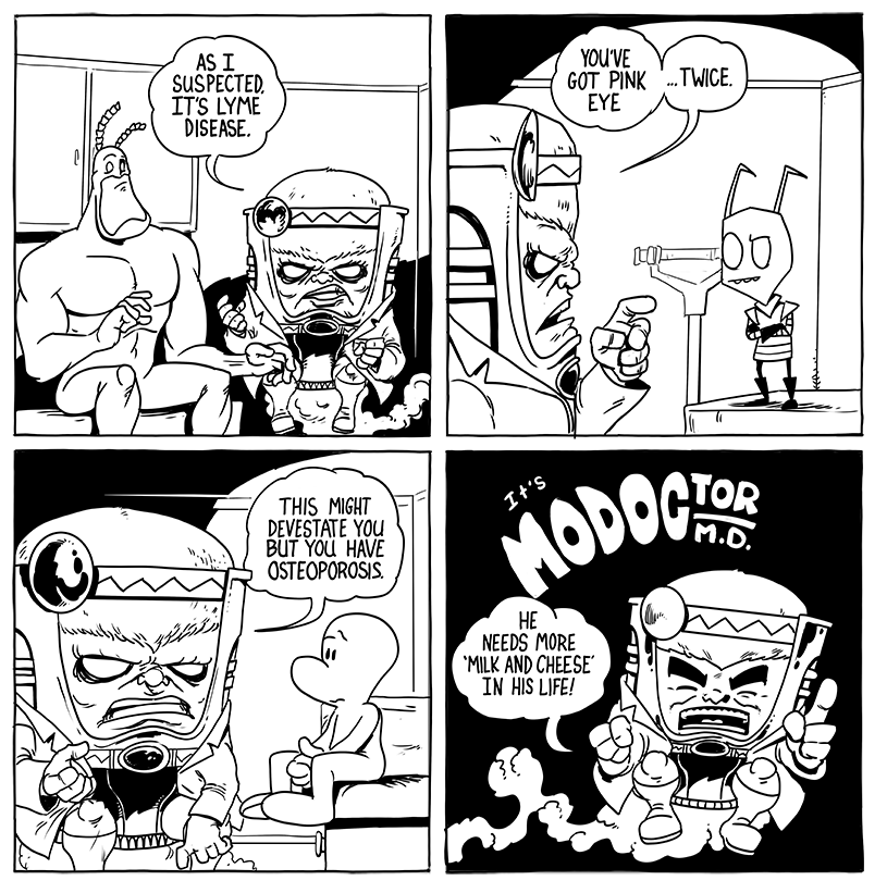 In the MODOCtor's office today we have The Tick, Invader Zim, and Bone. My apologies to Evan Dorkin (and Jack Kirby, Jeff Smith, Ben Edlund, and Jhonen Vasquez, for that matter). #modoctor #modok #bone #thetick #invaderzim #milkandcheese