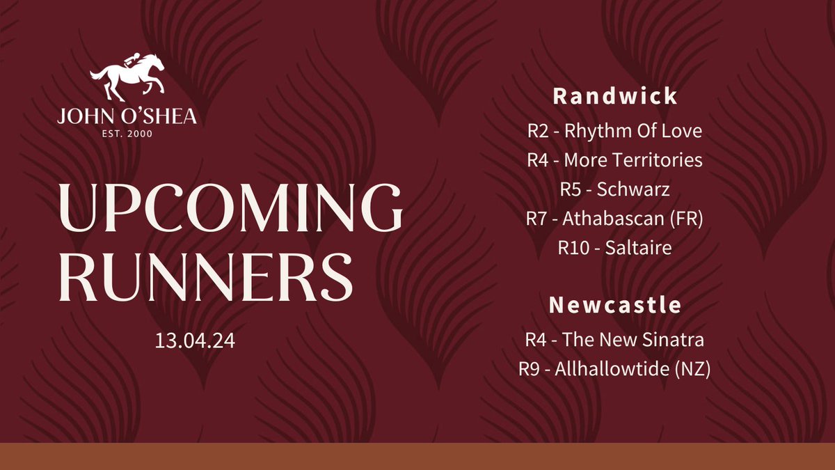 An exciting day ahead with five live chances at The Championships, Day 2 @aus_turf_club Randwick, and two runners heading to @newcastleraces_ 🙌 Good luck to all connections!