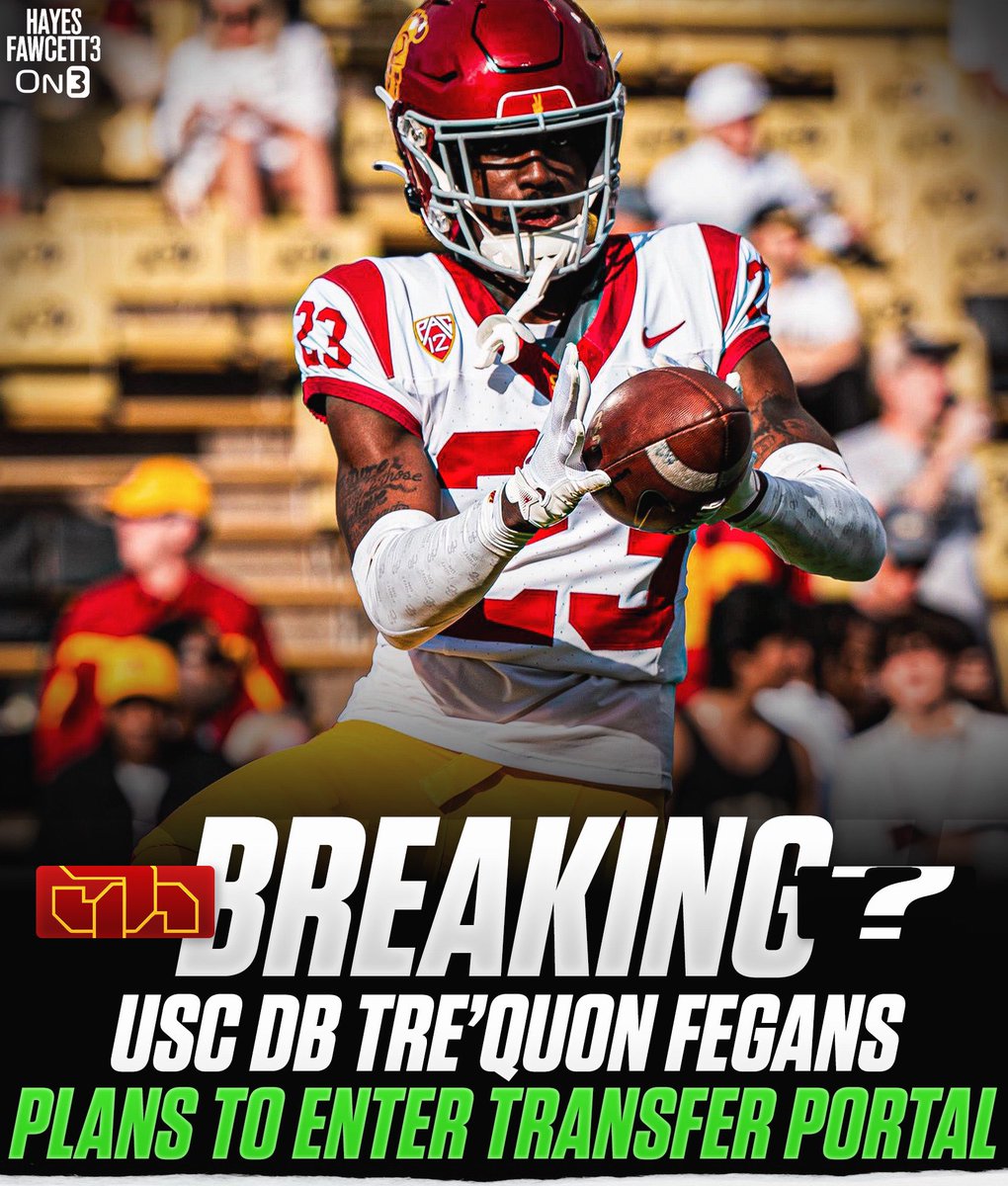 BREAKING: USC DB Tre’Quon Fegans plans to enter the Transfer Portal, he tells @on3sports The 6’1 190 DB from Alabaster, AL totaled 9 Tackles in 2023. Started his career at Alabama Will have 3 years of eligibility remaining on3.com/db/trequon-feg…