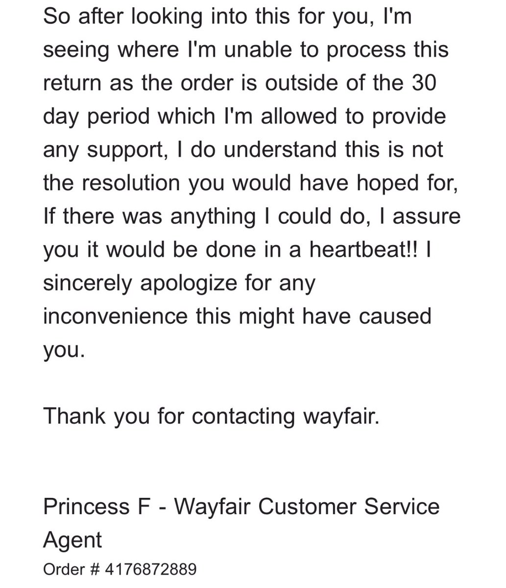 I normally don’t post these things but @Wayfair delayed my items (bathroom rugs) three times. Delivery finally, in theory, April 9th. Not here. I contacted them and this was their response: #Wayfair #CustomerFeedback