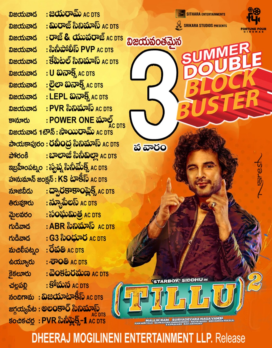 #TilluSquare Krishna District 3rd Week Theater's List !! Release by @DheeMogilineni Entertainment LLP !! #Siddu @anupamahere @MallikRam99 @ram_miriyala @achurajamani #BheemsCeciroleo @kalyanshankar23 @NavinNooli #SaiPrakash @vamsi84 #SaiSoujanya @SitharaEnts @Fortune4Cinemas