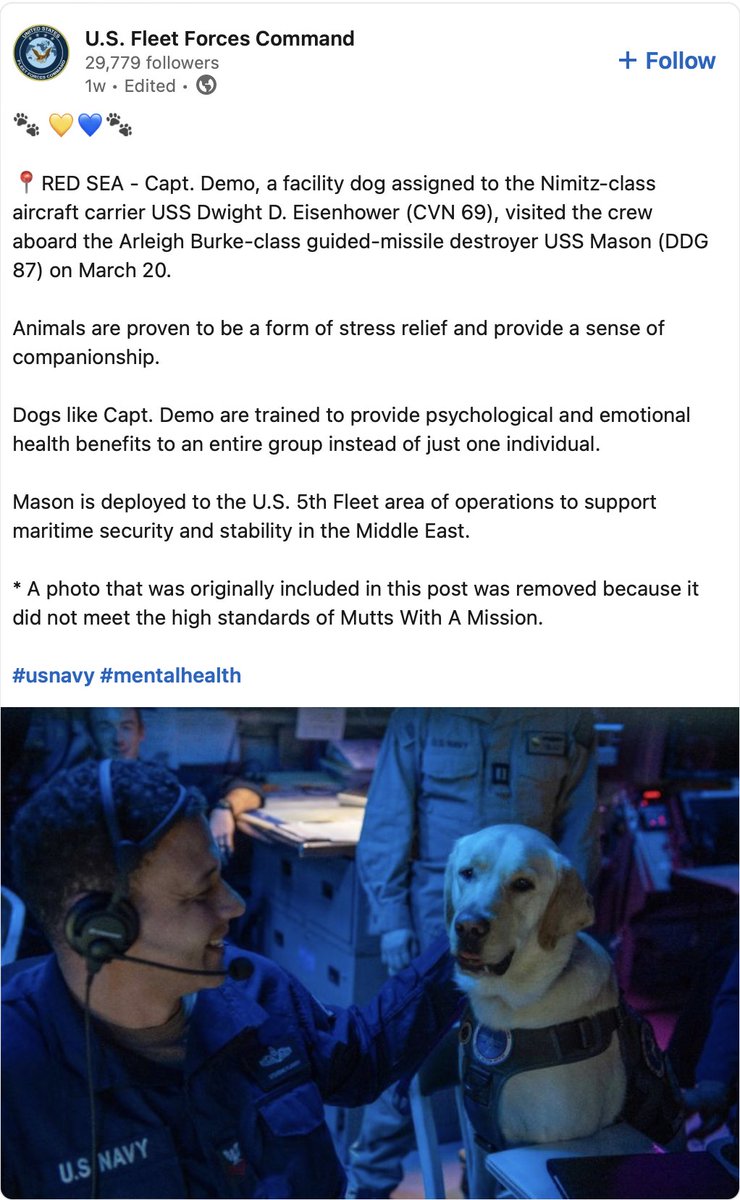 DDG51_Assn's tweet photo. @NavalInstitute @BrigadierBurma "... Capt. Demo, a facility dog assigned to the Nimitz-class aircraft carrier USS Dwight D. Eisenhower (CVN 69)...." https://t.co/TcYhljiLVq