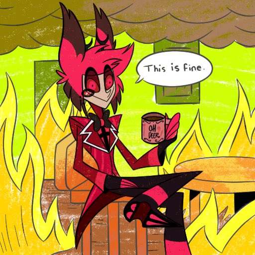 Disney_Doggo's tweet photo. Where Alastor really was during the final battle 🤣 Idk what compelled me to draw this tbh. 

#hazbinhotel #hazbinhotelfanart #hazbinhotelmemes #alastor #meme #thisisfine https://t.co/pTqb7MnVsc
