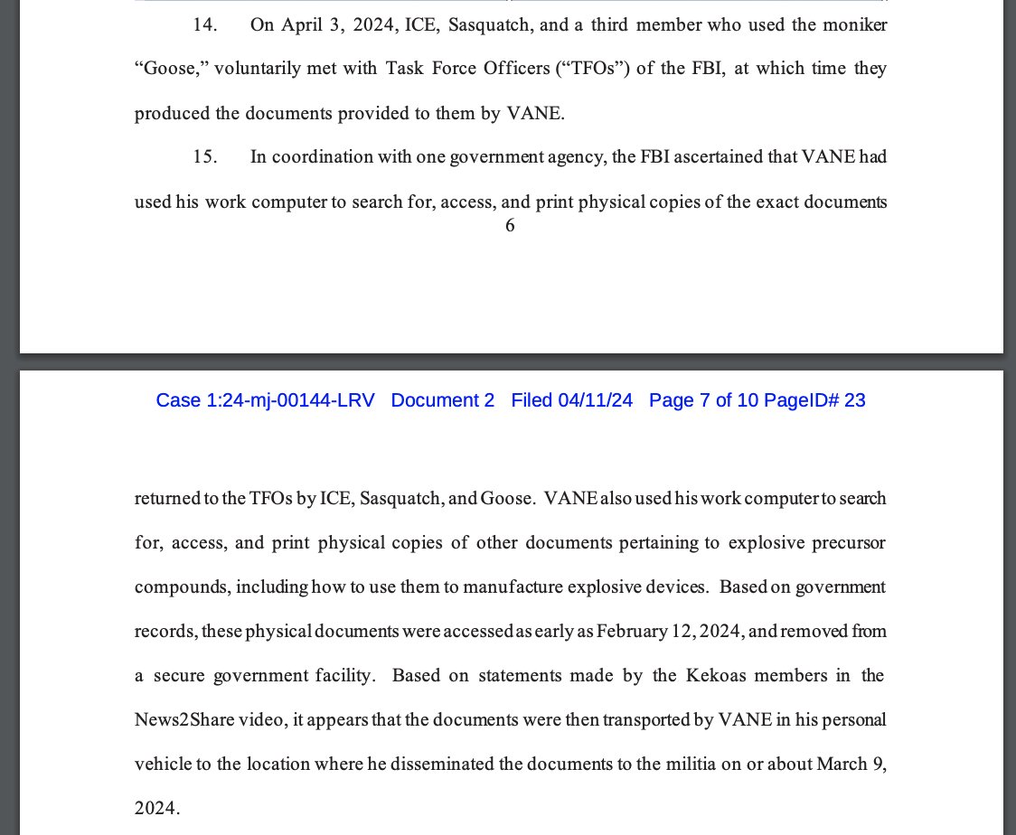 4) The FBI says they learned 'In coordination with one government agency' that Duke had printed off the documents on February 12 'Based on government records.' This appears to imply Vane has a job at the 'government agency' or at least he has work access to government files.