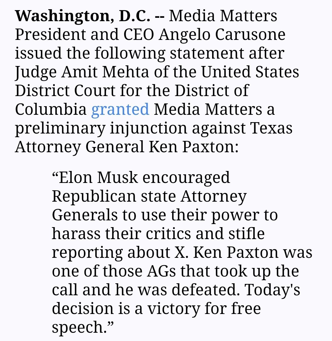 INBOX: Media Matters releases the following statement after Texas AG Ken Paxton's lawsuit (on behalf of Elon Musk) is set aside: 'Today's decision is a victory for free speech.'