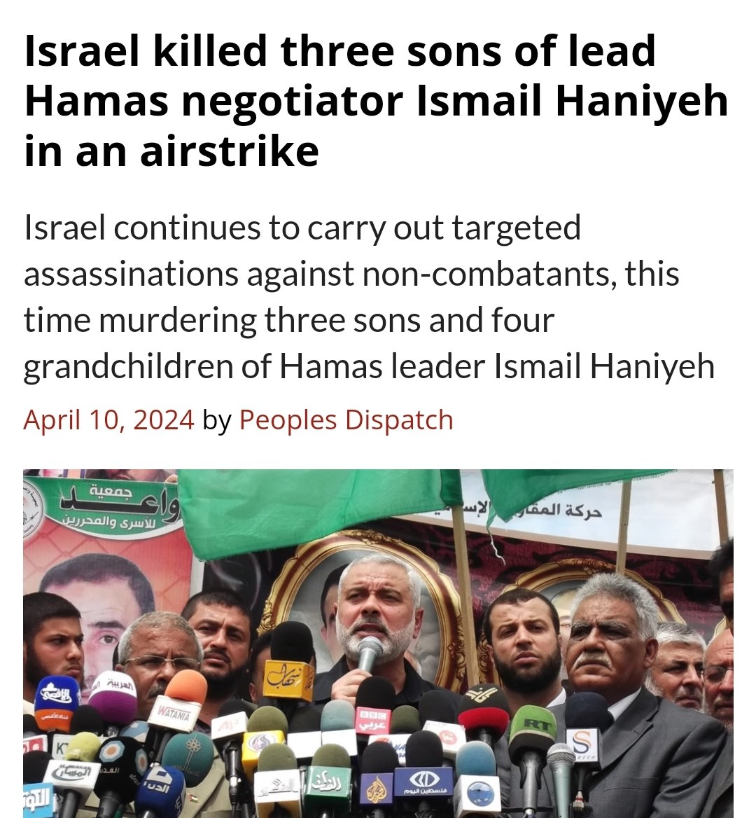 Disgraced Israelis murder the children and grandchildren of lead Hamas negotiator, once again proving their reputation as child killers. peoplesdispatch.org/2024/04/10/isr…