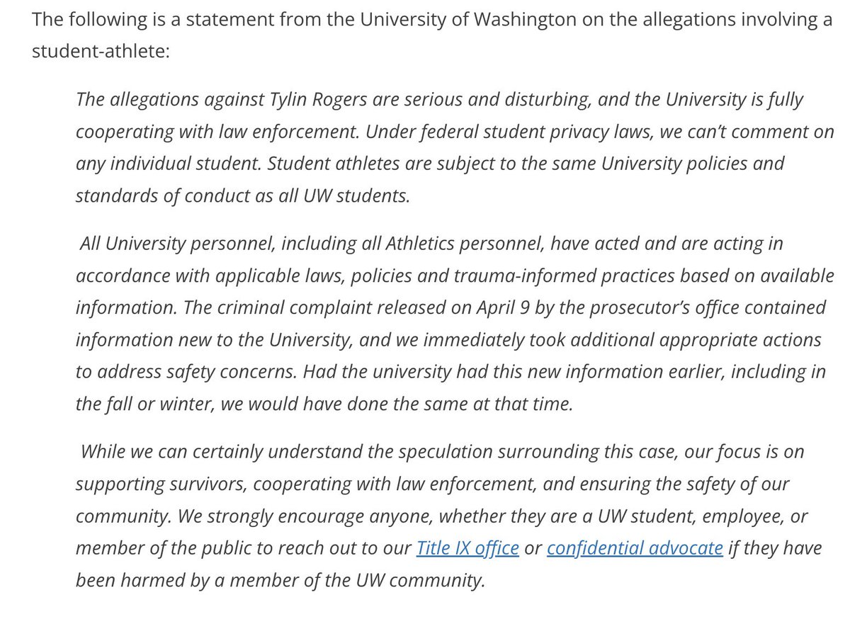 New statement from @uwnews on Tybo Rogers’ arrest