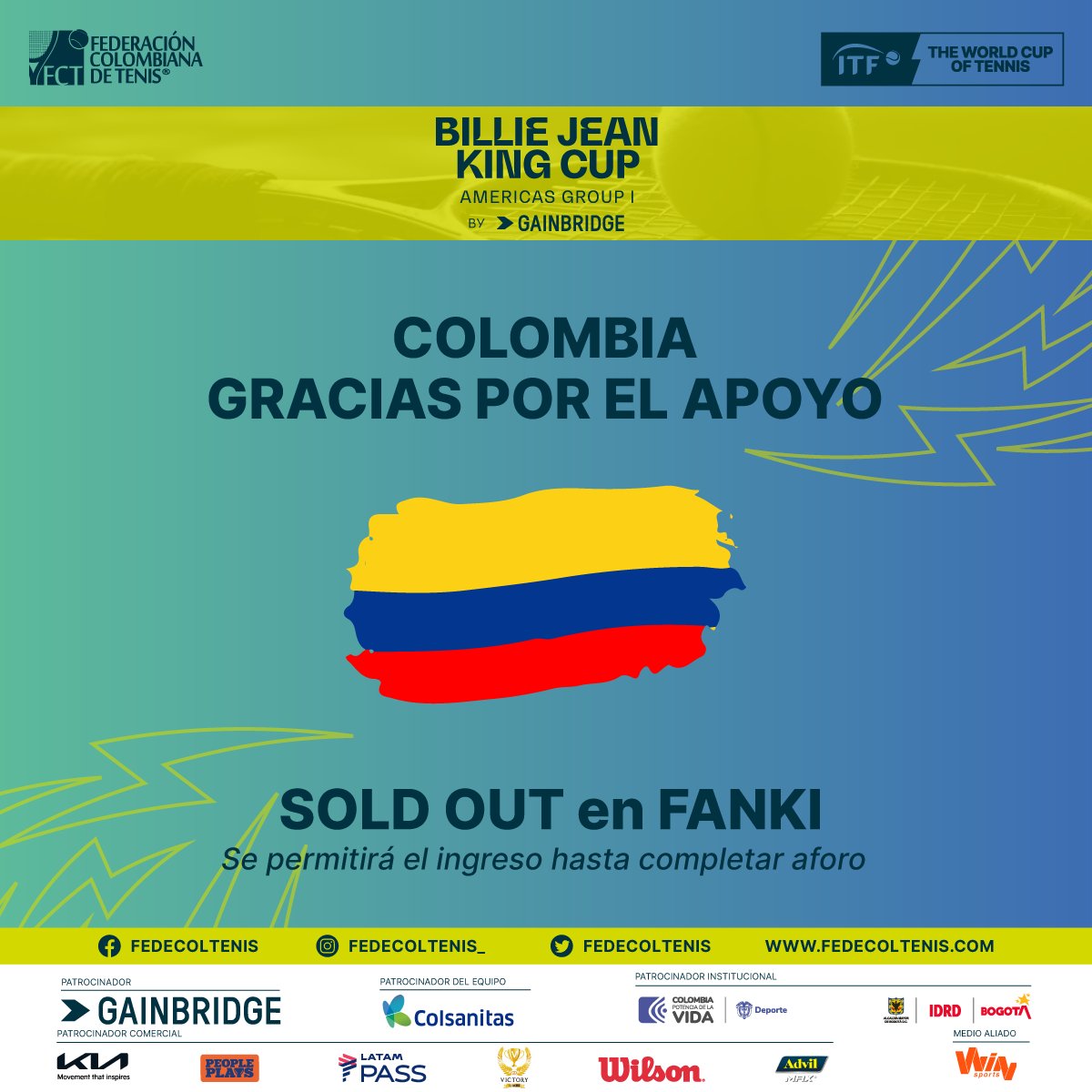 Sold Out🚫
Nos informan desde <a href="/Fankisports/">Fanki</a> que la boleteria 🎟 esta al 100 % comprada

¡Muchas Gracias por Apoyar el Tenis Colombiano! 🎾 

#Todassomsotenis #Tendencias #Tenis