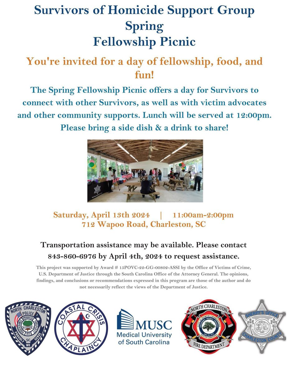 We hope to see everyone at our #Survivors of Homicide Support Group Fellowship Picnic TOMORROW 11am-2pm! @MUSC_COM @MUSChealth @MUSCpsychiatry @ChasCoSheriff @NCPD @NorthCharleston @Live5News @ABCNews4 @WCBD @postandcourier @MedUnivSC @NCFDSC