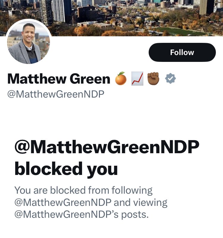 This is what a loser party looks like.   Never interacted (that I remember) with this child and blocked.   

I can never support a party that hates Canadians or hides from Canadians like cheap cowards. 

The @NDP are certainly that. 
@MatthewGreenNDP is weak.  
@theJagmeetSingh…