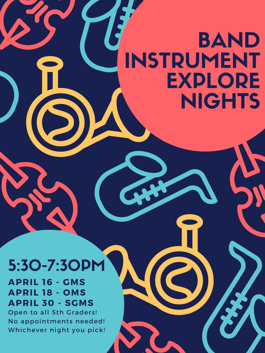 Any incoming 6th graders that are interested in being a part of the amazing band programs in IRC, should come to one of the instrument explorer nights to check out band instruments. You can come to any one of the schools, on any one of the days/times listed. @GiffordBand