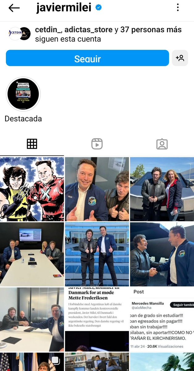 El impresentable del Presidente en su instagram como un nene. Sus ultimos siete posteos som fotos con Elon Mask. El nivel de berretismo y mamaracho es abrumador