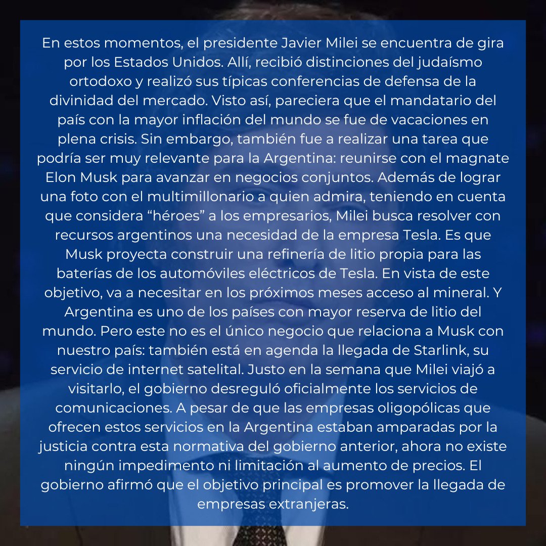 libressursani's tweet photo. Las prioridades de Milei.

👉Desesperado por divisas para levantar el cepo, el presidente habilita el blanqueo de capitales y se reúne con Elon Musk, que tiene los ojos puestos en el litio. Una vez más, demostró que su programa económico no es viable sin reprimir a las clases ppl https://t.co/X9WLhk4ZKv