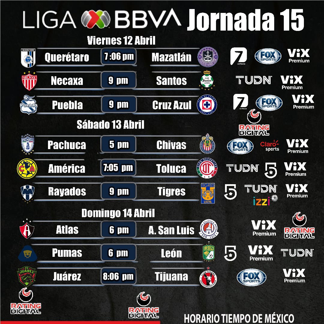 MedioRating's tweet photo. 🔴JORNADA 15 Liga BBVA MX⚫️

⚽️Juegos
📆Días
🕓Horarios
📲Transmisiones 

⚪️#RD #rd #ratingdigital #Jornada6 #LigaMX  #LigaBBVAMX  #TigresUANL #americafc  #rayados #PumasMX #Tuzos  #CruzAzul #Chivas #aguilasdelamerica https://t.co/5a88E3ePkz