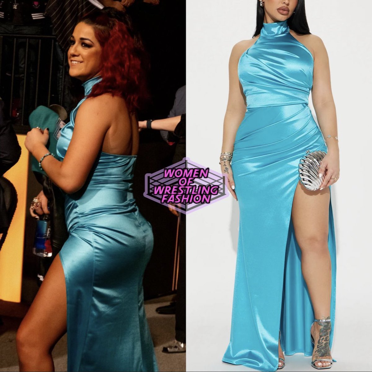 For the 2024 #WWEHOF, @itsBayleyWWE wore the Kalani Multi Brocade Embellished Sandal from #AzaleaWang ($119.90) with the Pick Me Up Gown in Turquoise from @FashionNova ($49.99) - as posted previously