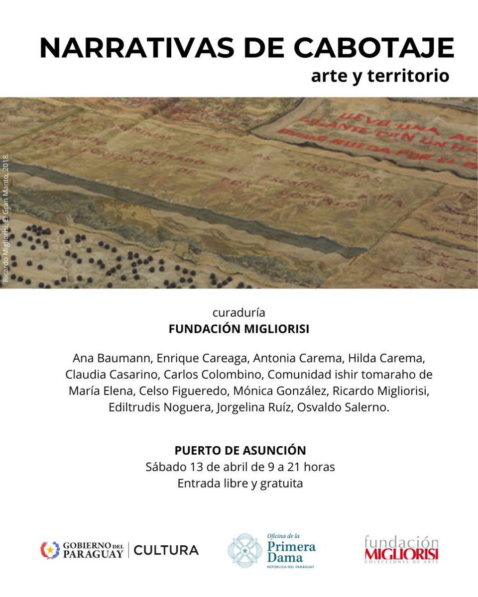 Te invito a que formes parte esta gran muestra “Narrativas de Cabotaje Arte y Territorio”. Único día de exposición, este sábado 13 de abril en el Puerto de Asunción de 9:00 a 21:00 h. ¡Entrada libre y gratuita! ¡Te esperamos! ✨