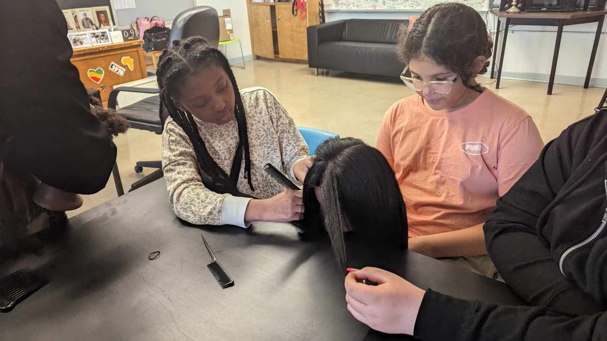 Cindy Cain, HRCE Fine Arts Specialist, and Ms. B, our ANS SSW, offered a HAIRAPY Session workshop this afternoon. Students focused on cornrows, sectioning, moisture balance patterns, how to become licensed, and about future apprenticeship opportunities.