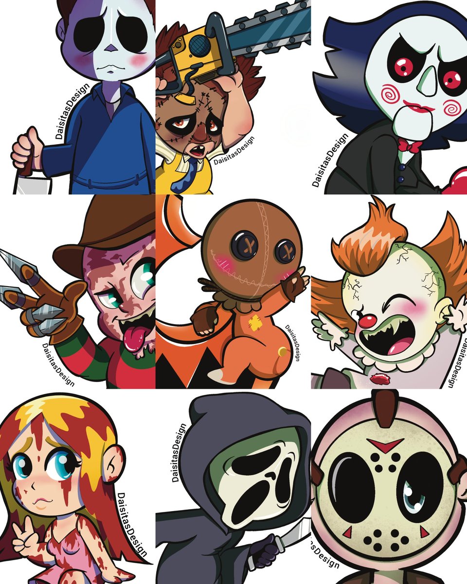 DaisitasDesign's tweet photo. Closes ups of my upcoming stickers &amp; HorrorPopz keychains 💀 Stay tuned! #horror #horrorart #fanart #chibi #slashers #illustrations https://t.co/wsE7Vbjl3Q