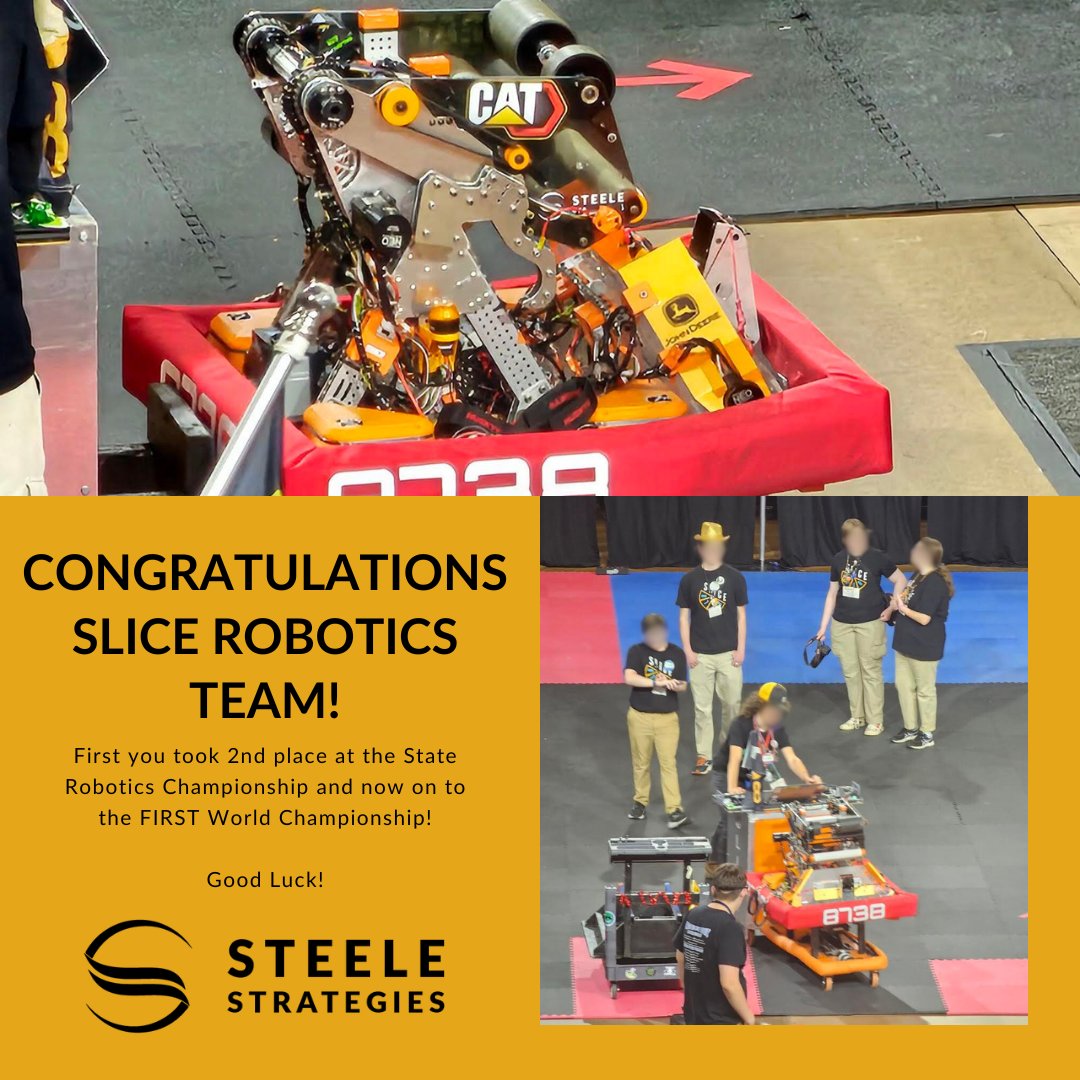 SteeleStrat's tweet image. Second place at the State Robotics Championship? SLICE Robotics Team, you&apos;re unstoppable and now you&apos;re gearing up for the FIRST Championship in Houston, TX! We&apos;re proud to sponsor such incredible young innovators. #SLICERobotics #NextLevel #FIRSTChampionshipBound