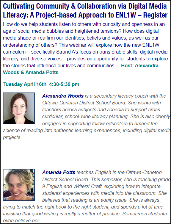 I'm honoured to be moderating the free OTF Connects webinar this Tuesday, entitled 'Cultivating Community & Collaboration via Digital Media Literacy: A Project-Based Approach to ENL1W'. If you'd like to attend, please register here: us06web.zoom.us/meeting/regist…