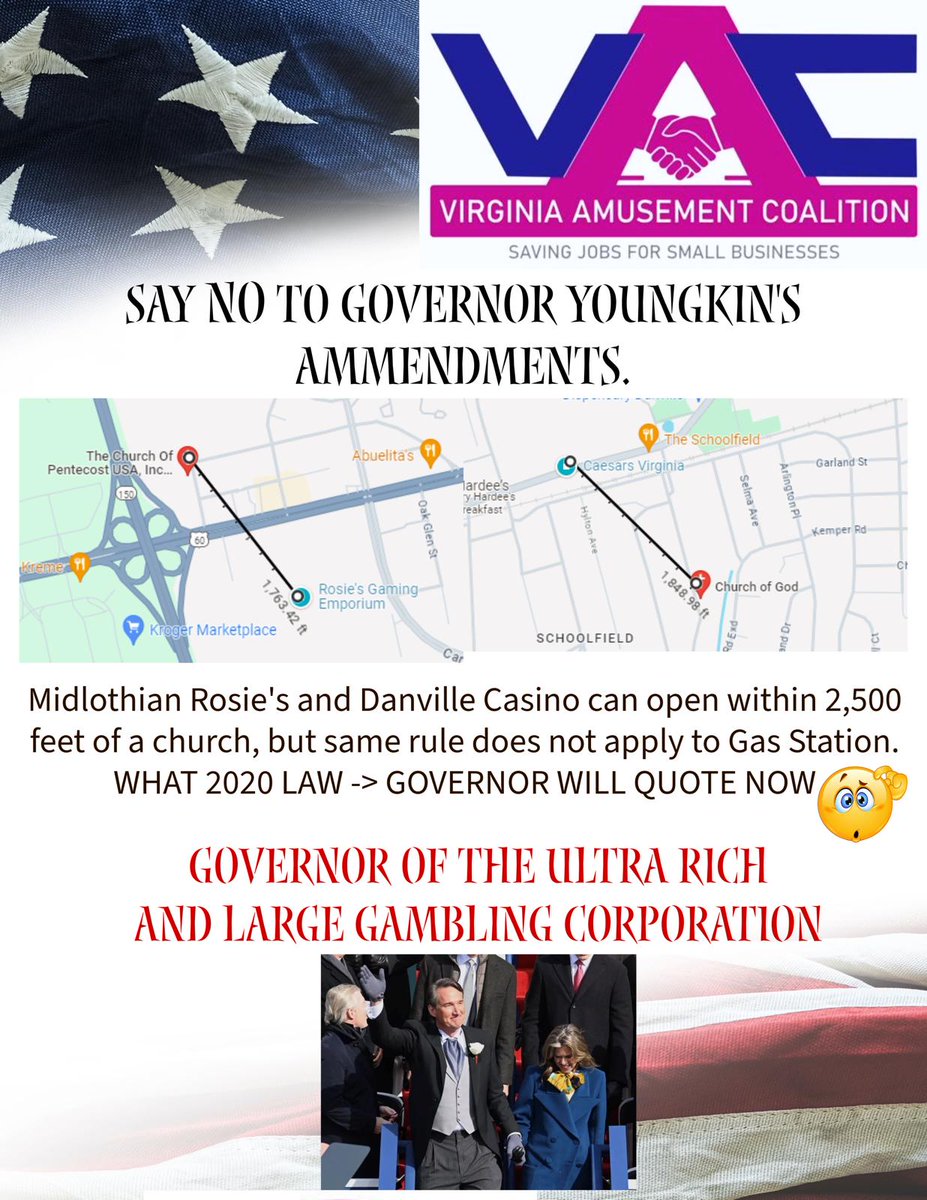 ankit_pate43655's tweet photo. Midlothian Rosie's and Danville casino can open with 2500 feet of church but existing small mom amd pop shop cannot have 4 skill games . Kudos to our friend  @GovernorVA who once during the campaign was all about small business owners  @TylerEnglander @BillStanley . https://t.co/s3aK9wT5Iv