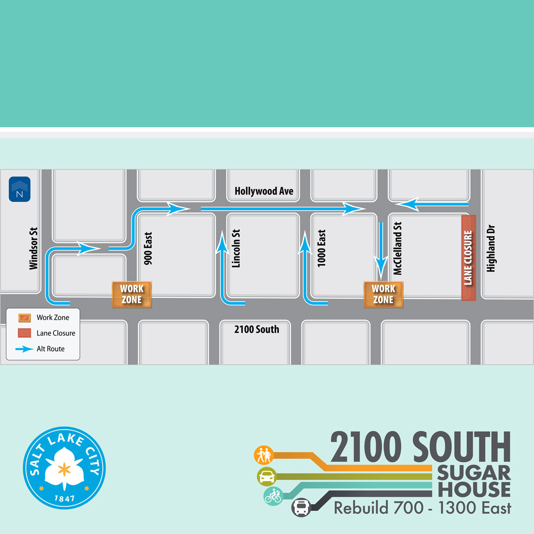 🚧 Heads up! 🚧 North side of McClelland St closed April 15-19. Use alternate routes at 1000 East & Hollywood Ave. Pedestrians: use the north sidewalk between 900-1000 East & 1200-1300 East, or the south sidewalk between 1000-1200 East. #RoadClosure #2100SouthReconstruction