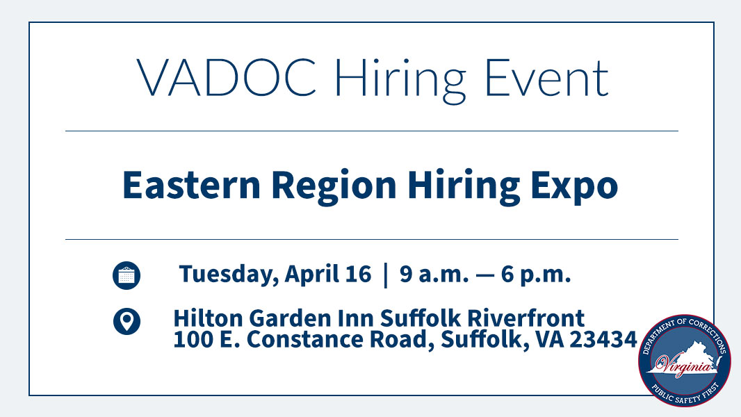 Join the VADOC at our upcoming Eastern Region Hiring Expo! It's set for Tuesday, April 16 in Suffolk. More info ⬇️ See what to expect, bring, and wear here: ow.ly/v9N350RfnVy