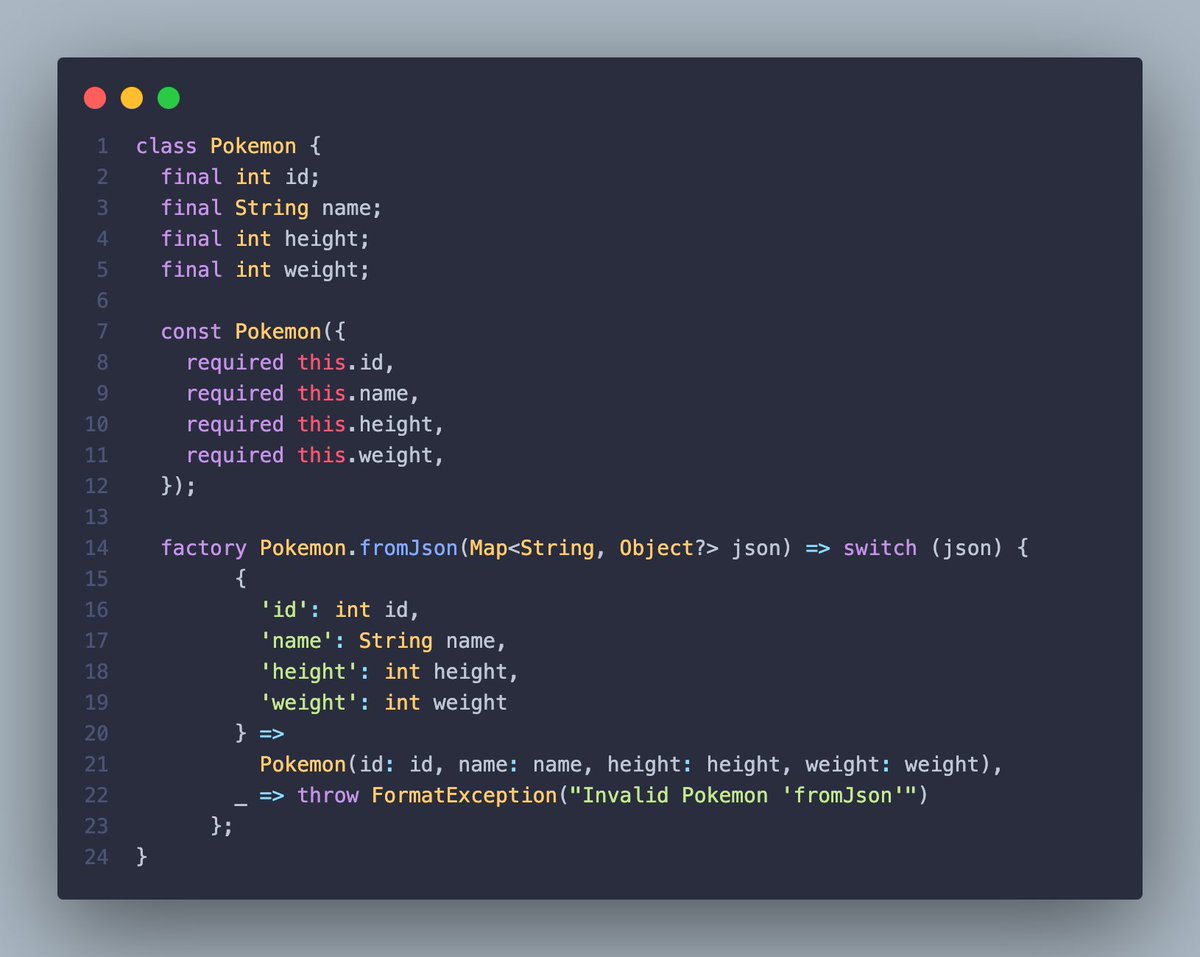 SandroMaglione's tweet photo. 💡 Dart tip 💡

Patten matching to implement fromJson method 🚀

You can use Map in patterns to convert from json

👇 Match the class properties and types, or throw a FormatException
