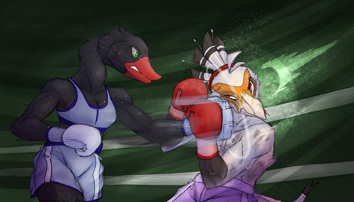 [Commission] Boxing match for @FennecBoxer His goose lady Vivian is a might powerful boxer. Thick arms strong enough to crack through Percy's guard! Two strong birds! Amazing! Colored and shaded by my amazing friend @MasterofLasagna
