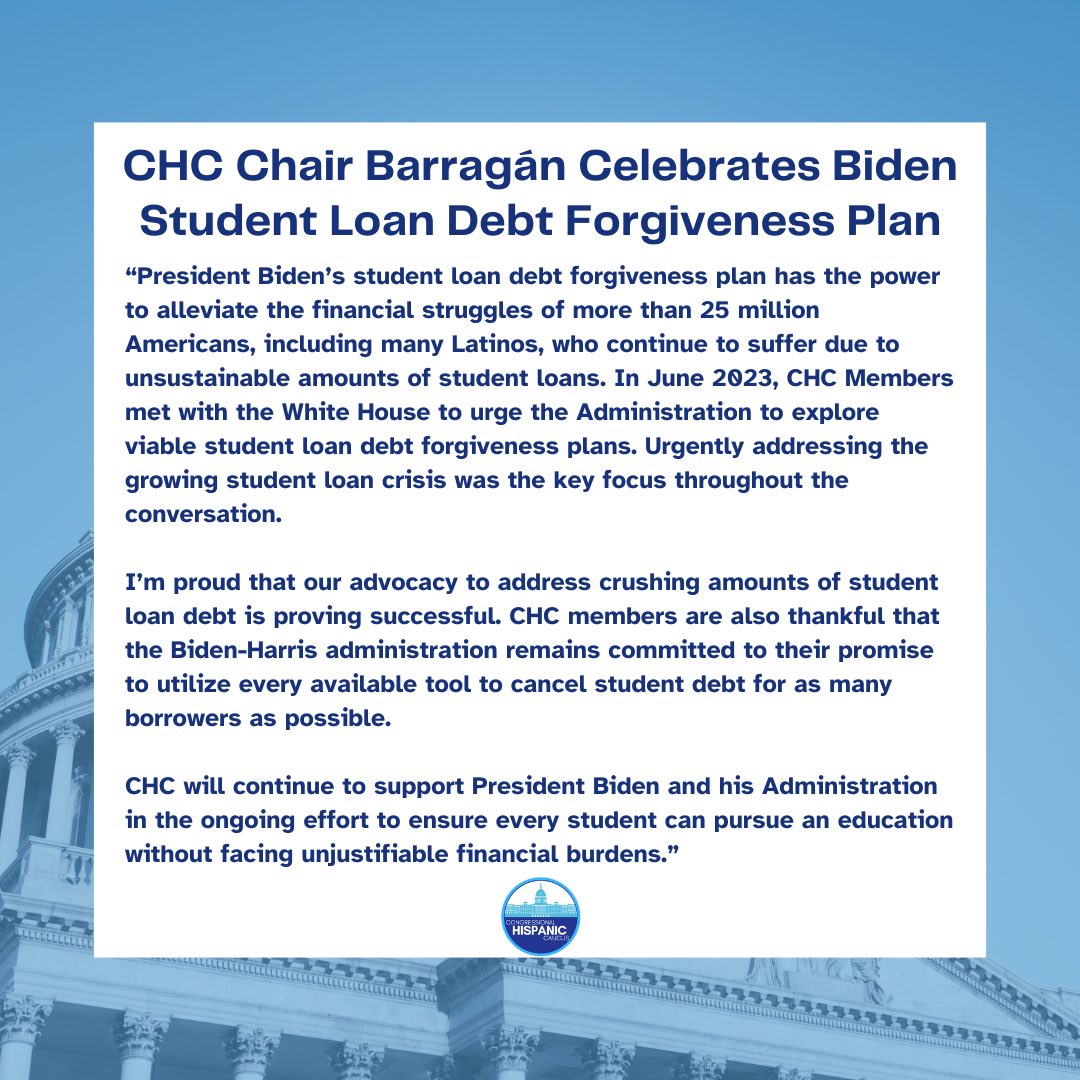 Today, Chair @RepBarragan released the following statement in response to @POTUS’ recently announced student loan debt forgiveness plan. ⬇️