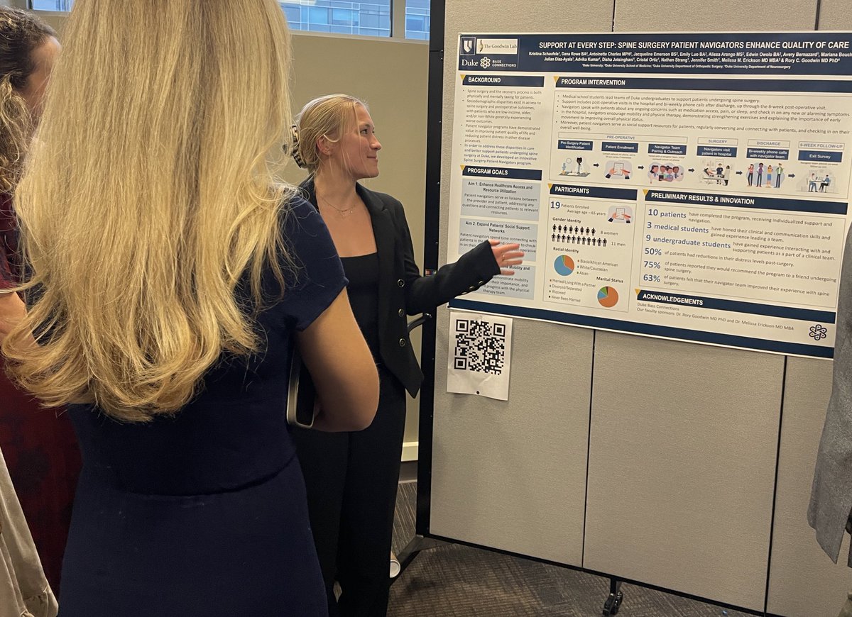 RoweDana1's tweet photo. Kristina Schaufele did an AMAZING job presenting on the Spine Navigators program at the @HealRootCauses research symposium!🌟👏

It has been so incredible to witness the growth &amp; accomplishments of these undergrads!  #Mentorship #CommunityImpact #GoTogetherGoFar @BassConnections https://t.co/BcEZlTH9wX