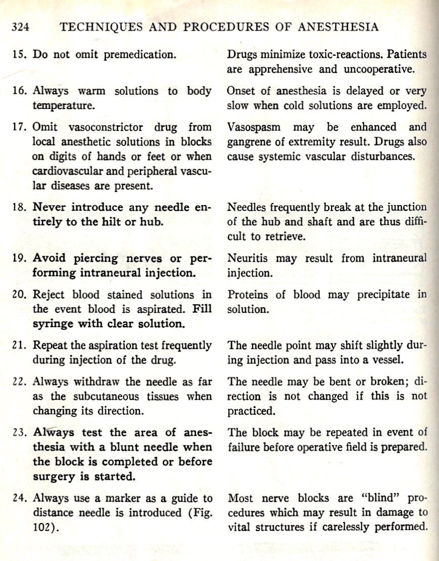 Adriani (1956) listed 24 items to consider while performing peripheral nerve blocks. Here are the last 10 and his reasons for listing each item.