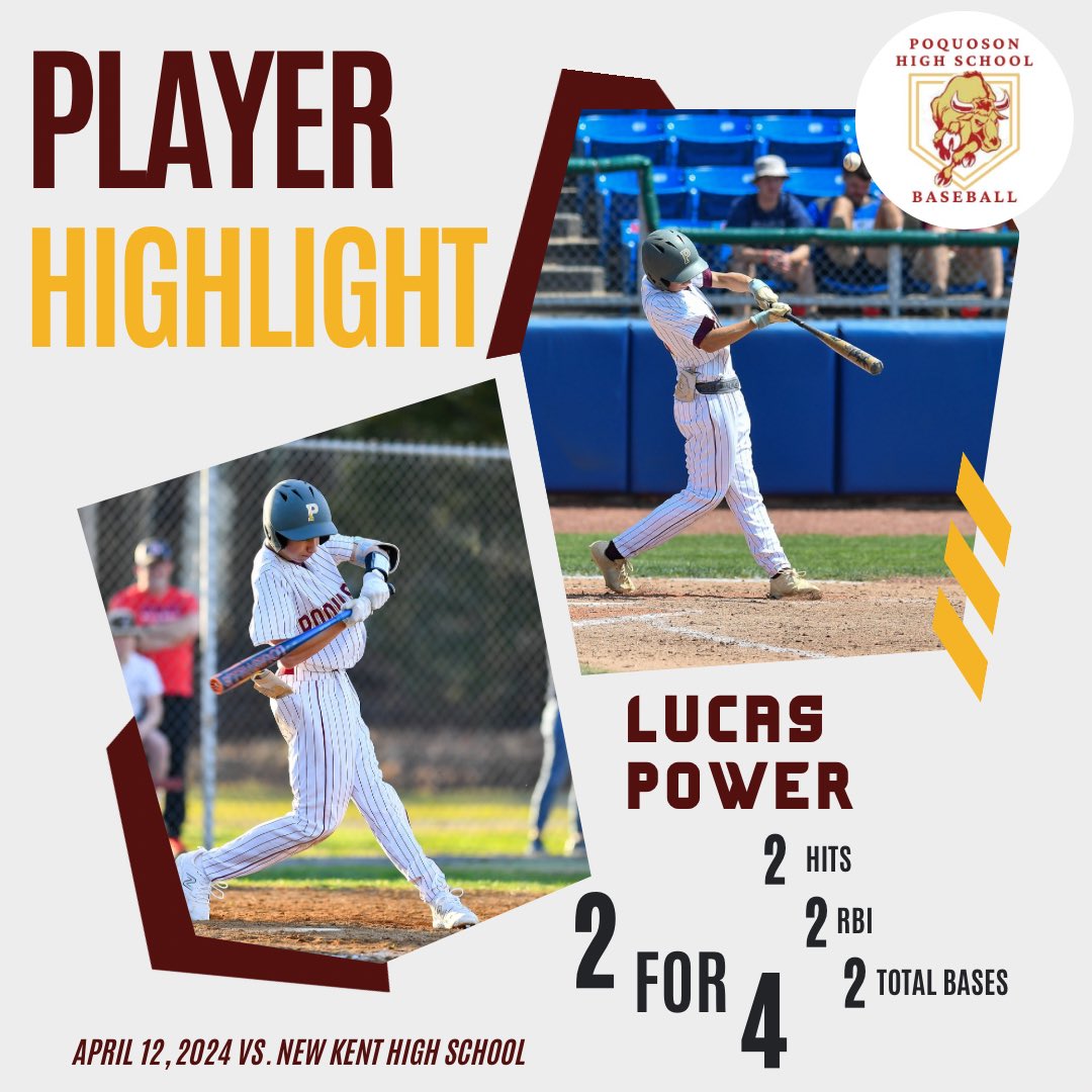 PoqBaseball's tweet photo. Lucas Power (‘26) was 😎 this evening at the plate 🆚 New Kent High School.

Power goes 2️⃣ for 4️⃣ with two singles, 2️⃣ RBIs and 2️⃣ total bases.

#poquoson #PHS #bullislandersbaseball #uncommitted #localboy #reptheisland https://t.co/5QBmSWBSNo