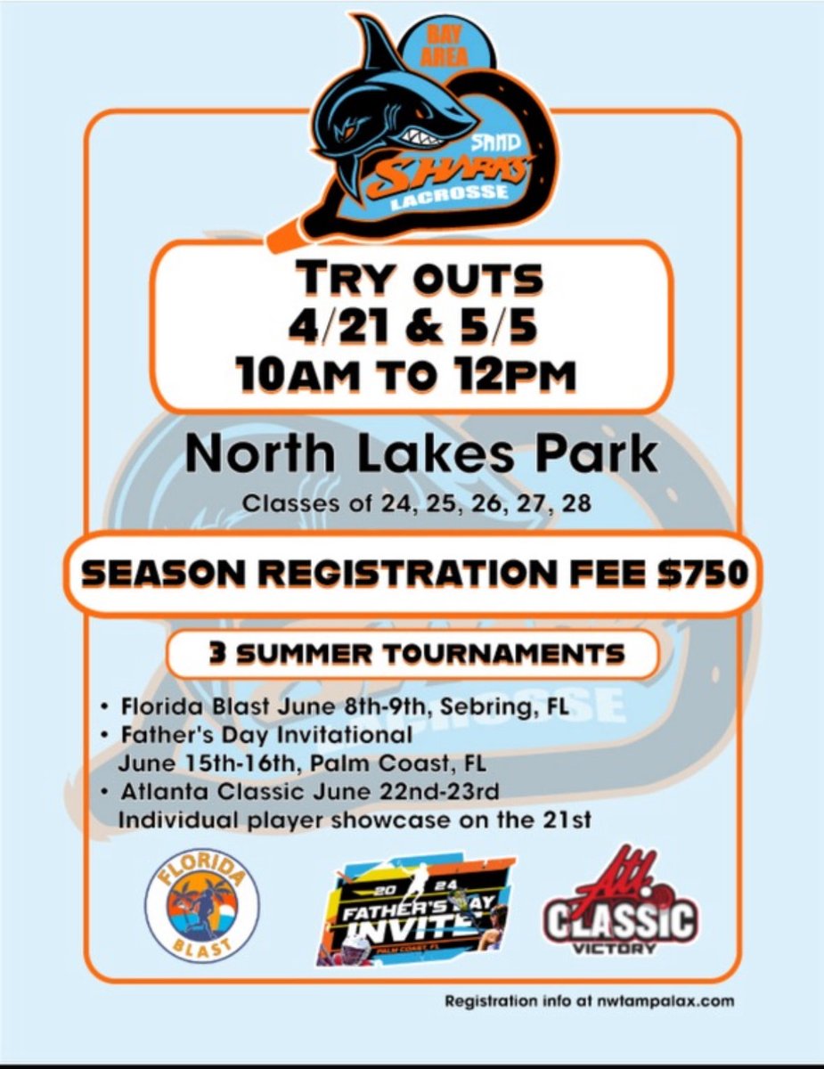 Sand Sharks Tryouts April 21st and May 5th at North Lake Park See details below ⁦@TampaLacrosse⁩