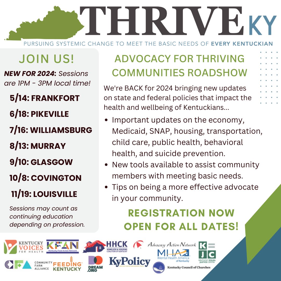 Coming to a town near you! Registration NOW OPEN for #ThriveKY's Advocacy for Thriving Communities Roadshow! We're back with new updates and a new time, discussing the programs impacting KY communities like Medicaid, SNAP, housing, child care, and more: bit.ly/4cbte8B