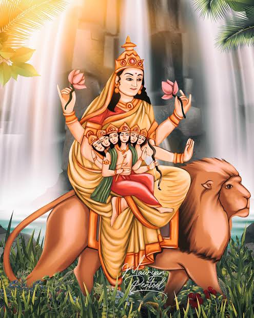 Skandamata is four-armed, three-eyed, One of her hands is in the fear-dispelling Abhayamudra position while the other is used to hold the infant form of her son Skanda on her lap. जय स्कंदमाता #जय_माँ_अम्बे