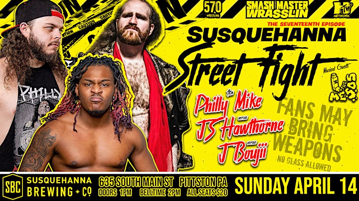 Sunday at @SmashMaster570 at @SBCbeer - a triple threat match with fans bringing the weapons includes @PhillySwanson @TheJS_Hawthorne & @jboujii dmvprowrestling.com/p/sunday-smash…