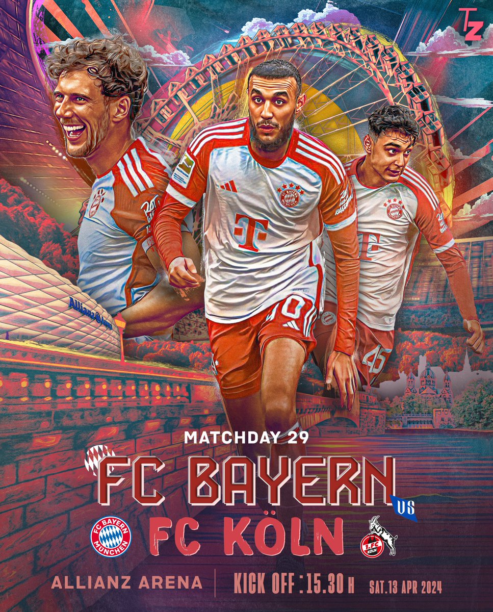 𝐌𝐀𝐓𝐂𝐇𝐃𝐀𝐘 ⚪️🔴 #FCBayern 

A win to keep de second place is key today, let’s do it boys 🔥👊🏻

Poster with paint textures and Munich and Allianz Arena 😁

@FCBayernEN 
#MiaSanMia