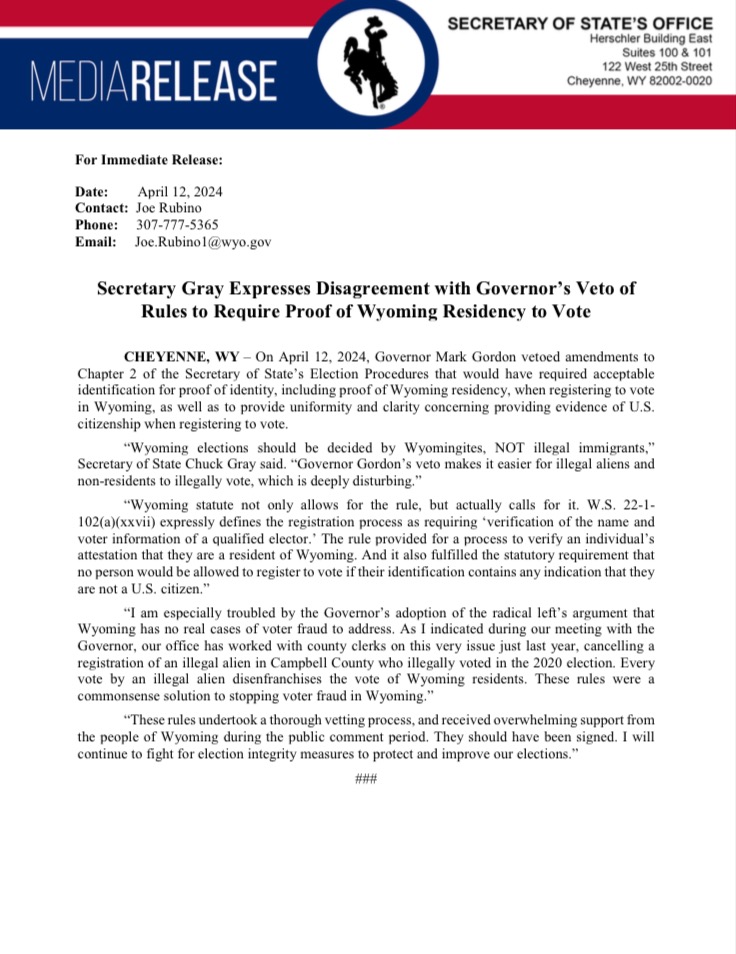 With his veto of our proposed rules, Gov. Gordon is now enabling Biden and the most radical leftists in America who are trying to help illegal immigrants vote in our elections.