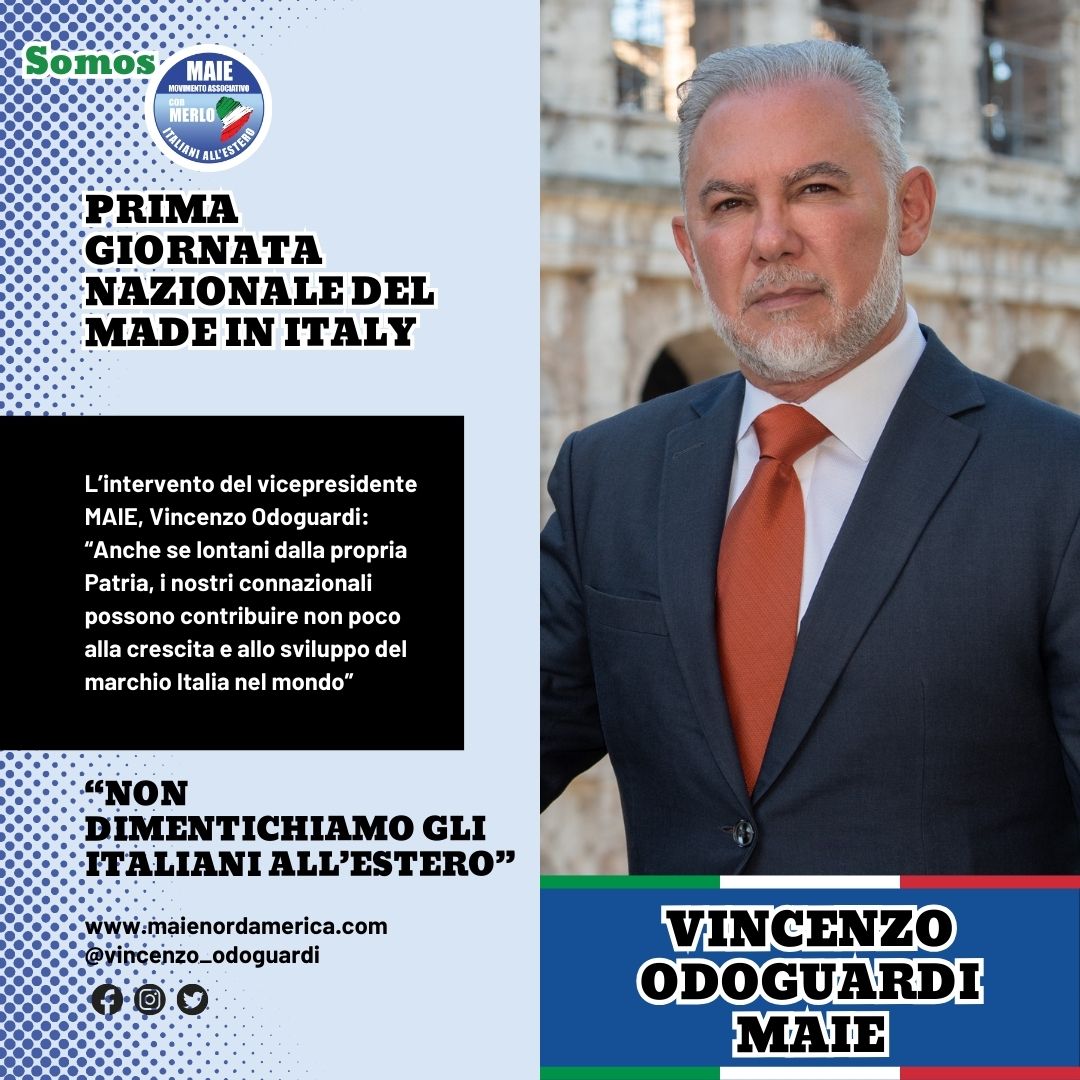 Prima Giornata Nazionale del Made in Italy, Odoguardi (MAIE): “Non dimentichiamo gli italiani all’estero” italiachiamaitalia.it/prima-giornata… #MAIE #VincenzoOdoguardi #ItaliaNelMondo #OrgoglioItaliano #CrescitaEconomica #Sviluppo #DiasporaItaliana #ItalianiAllEstero #MarchioItalia