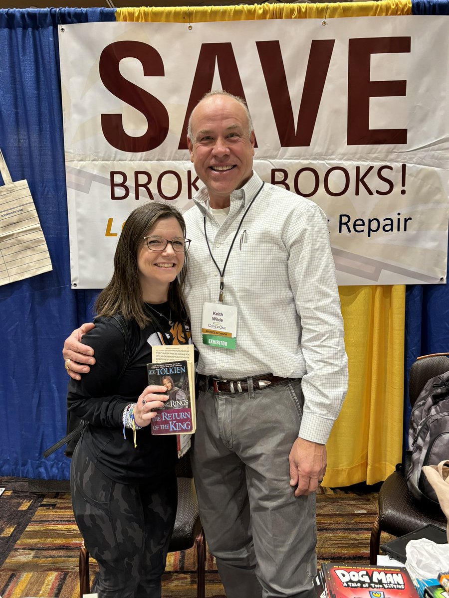MrsGallagher27's tweet photo. Today @KellyDoc16 @ayselftuna and I attended the @PSLA_News conference and I found the Cover One Man, Keith Wilde!! I was so excited to meet him and I think he was just as excited to meet me!! 😹 @coverone1 my little librarian dream is to own a Cover One machine one day! #PSLA50 https://t.co/xKDg8rLbEH