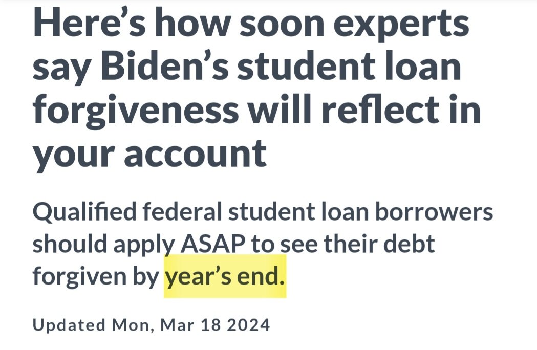 @nypost Remember, the Supreme Court strikes down Biden’s student loan forgiveness plan? My guess is when Trump wins the 2024 election Dems will throw the blame off on Trump when the student loan forgiveness doesn't live up to Biden's lies. Wake up, Biden's trying to buy more VOTES.